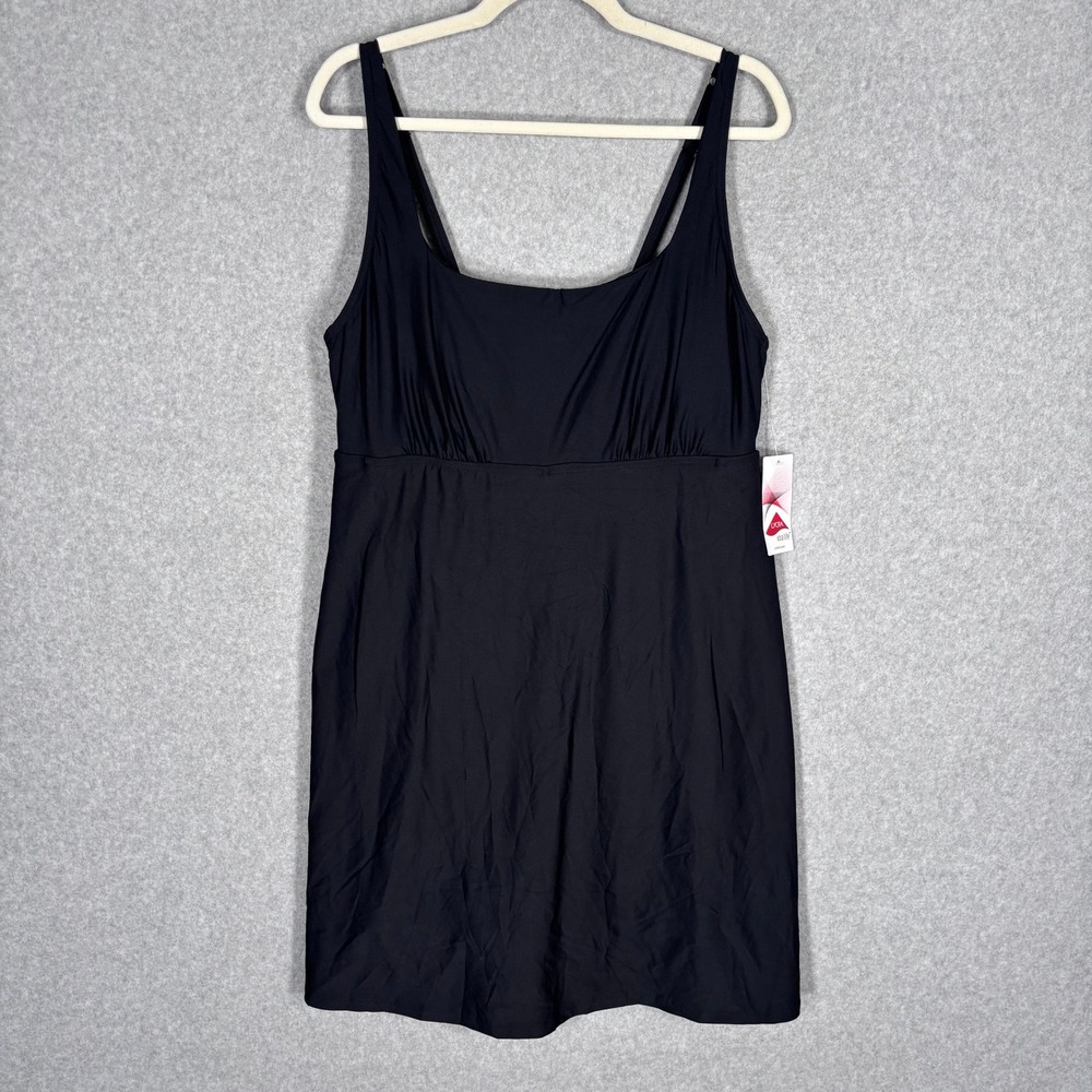 Lands End Swim Dress Size 18 Black One Piece Swimsuit Romper Shorts Pockets